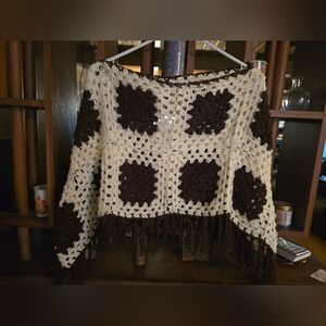 Handmade Crochet Sweater Shawl - Cream and Brown